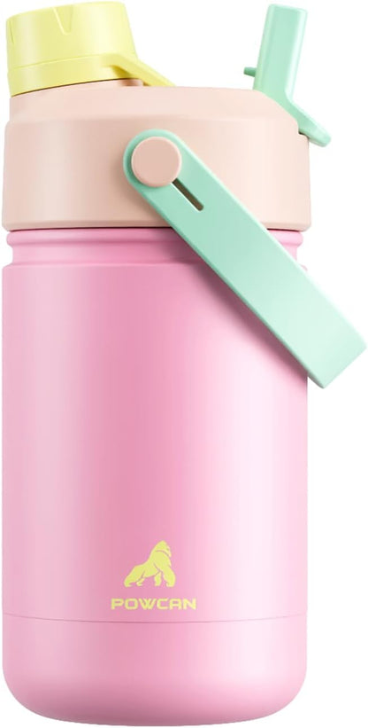 12 oz Kids Steel Water Bottle for School: 2-in-1 Straw Spout Lid, Cold 24H by POWCAN