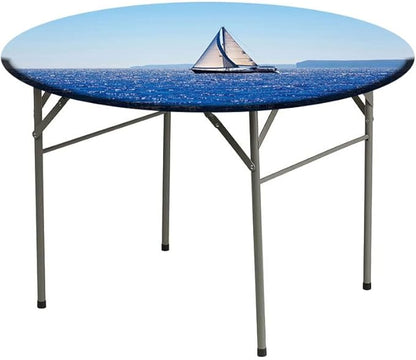 Small Round Tablecloth, Ocean Washable Polyester Table Cloth for, Blue Mediterranean Sailboat Sailing in Round Tables 32inch Diameter, for Holiday Dining Table/Dinner/Party, Blue