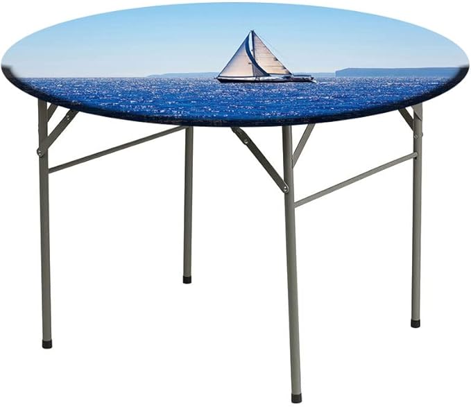 Round Vinyl Fitted Tablecloth, Ocean Print Polyester Table Cloth, Blue Mediterranean Sailboat Sailing in Round Tables 48inch Diameter, for Xmas/Parties/Home, Blue