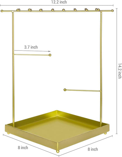 MyGift Matte Metal T Bar Jewelry Stand Organizer with Ring Tray, 3 Bracelet and Necklace Bars and 2 Earring Storage Hanger Bars for 18 pairs of Earrings (Brass)