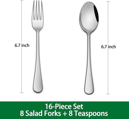 Salad Forks And Teaspoon,6.7 Inches Stainless Steel Dessert Spoons And Forks,Set Of 16 Dishwasher Safe Silverware Fork And Spoon For Home,Restaurant
