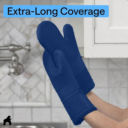 GORILLA GRIP BPA-Free Soft Silicone Oven Mitts, 14.5x8.3, Heat Resistant and Waterproof Cooking Gloves, Thick Cotton Lining, Flexible Gripping for Baking Grilling, Kitchen Potholders Set of 2, Blue