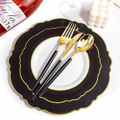 WDF 30Guest Black and Gold Plastic Plates - New Year Plates - Gold Plastic Silverware With Black Handle Baroque Black and Gold Disposable Dinnerware for New Year &Parties