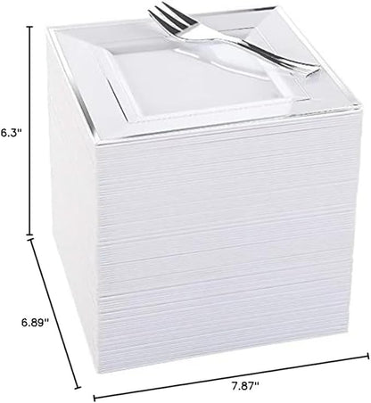 WDF Silver Plastic Dessert Plates with Plastic Forks - 6” 100 Square Disposable Appetizer Plates Small Plates Cake Plates with Silver Rim &100 Small Appetizer Forks for Party Wedding Valentine's Day
