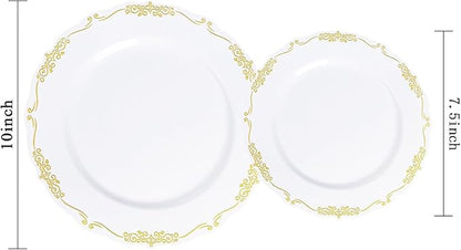 U-QE 100PCS Gold Plates Disposable - Heavy Duty White and Gold Plates Including 50PCS 10'' Dinner & 50PCS 7.5'' Dessert Plates Perfect for Upscale Party, Wedding