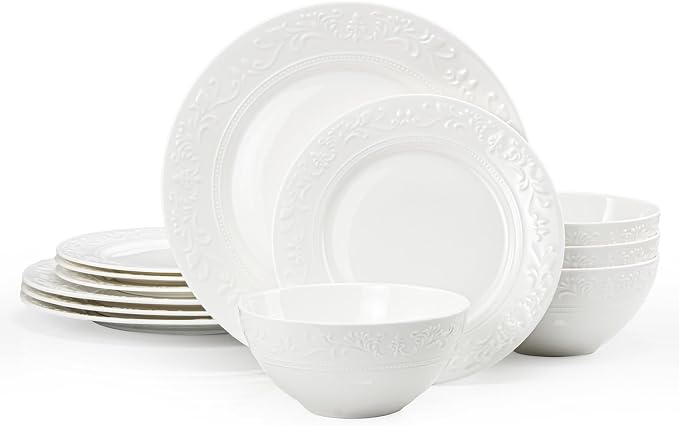 12Pcs Vintage Relief White Bone China Set, Service by KINGSTONE