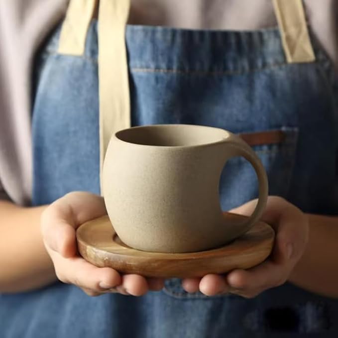 6 oz Clay Cup and Wood Saucer Set of 1, Ceramic Coffee Latte Art Mug - Image 3