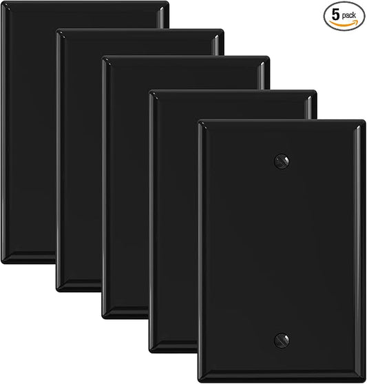 ELEGRP 1-Gang Blank Device Wall Plates, Mid-Size 4.88" H x 3.13" L Unbreakable Thermoplastic Blank Faceplate Cover for Unused Outlets/Switches, UL Listed (5 Pack, Glossy Black)