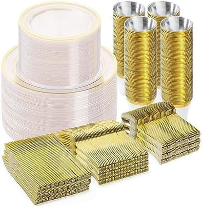 BESTVIP 600PCS Clear Gold Dinnerware Set for 100 Guests, Plastic Plates for Party, Christmas and New Year, 100 Disposable Plates, 100 Dessert Plates, 100 Cups, 100 Spoons, 100 Forks and 100 Knives