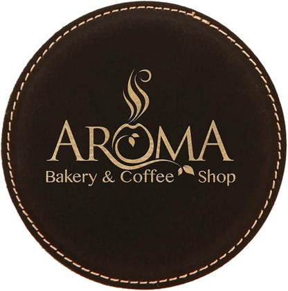Custom Engraved Coasters | Personalized Leather Coaster | Set of 6 | Drink Coasters with Holder | Laser Engraved | Tabletop Protection | Gift for Couples (Round 4", Black w/Gold)