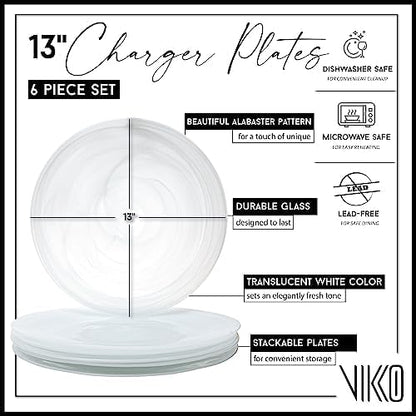 Vikko Charger Plates, Set of 4 White Alabaster Dinner Plates, 13" Plate with Marbelized, Swirl Design, Elegant Glass Charger, Dishwasher Safe