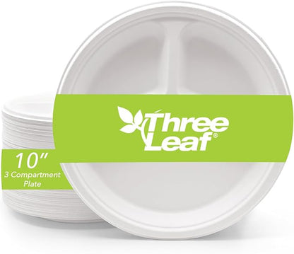 three leaf 10" 3 COMPARTMENT BAGASSE ROUND PLATE, 25 Ct. Heavy-Duty- Super Strong- Natural- Eco-Friendly Disposable Bagasse Plates, 100% Biodegradable 10 inch 3 compartment plates