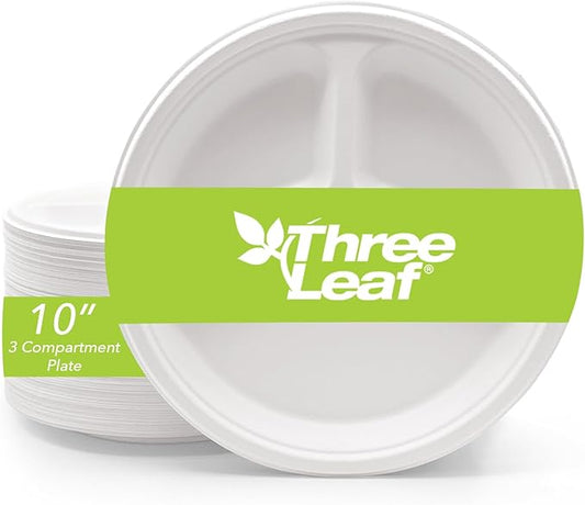 three leaf 10" 3 COMPARTMENT BAGASSE ROUND PLATE, 25 Ct. Heavy-Duty- Super Strong- Natural- Eco-Friendly Disposable Bagasse Plates, 100% Biodegradable 10 inch 3 compartment plates