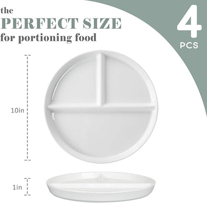 Ceramic Divided Plates Set of 4Pcs, large, White, Portion Control Plate, Reusable Bariatric Plate for Kids Adults, 3 Compartment Plates