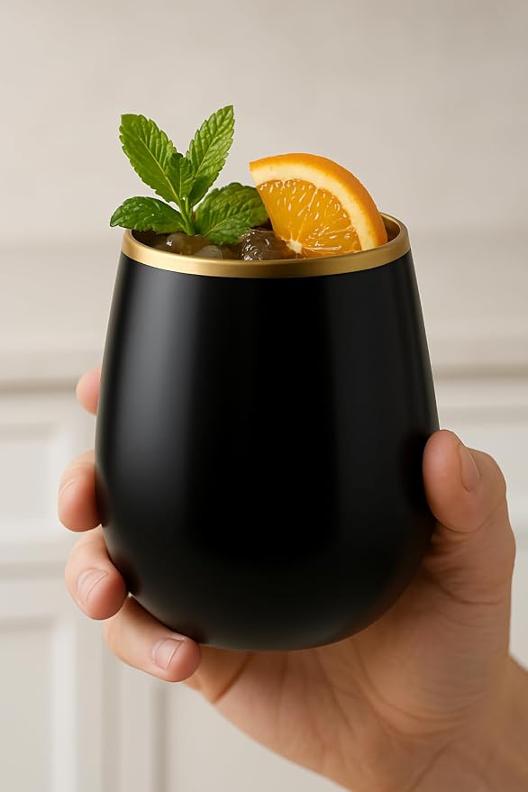 40 Pack Disposable Plastic Wine Glasses 12 oz Black Gold Rim Matte Cups | - Image 2