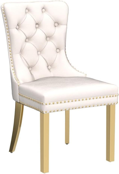 KCC Velvet Dining Chairs Set of 2, Upholstered High-end Tufted Dining Chair with Nailhead Back Ring Pull Trim Stainless Steel Legs, Contemporary Nikki Collection Modern Style for Kitchen, Beige