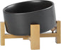 SPUNKYJUNKY 15° Slanted Ceramic Dog and Cat Bowl with Wooden Stand, Tilted Bulldog Food and Water Bowl No Slip Non-Spill for Cats Medium Dogs Big Face Pets 28.7 OZ (3.6 Cups, Black)