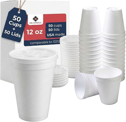 12 OZ Foam Cups for Hot & Cold Drinks. USA-Made 50-Pack by MrMiracle