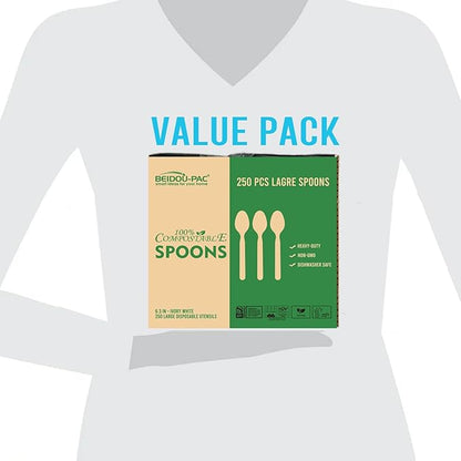 250 Count Compostable Disposable Non Plastic Spoons, Large Heavy Duty Biodegradable Utensils, Eco Friendly Durable Sturdy Recyclable Spoons Flatware Silverware for Party Wedding Daily Use