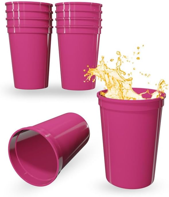 PartyPrints 10 Pack 10 to12 oz Neon Pink Reusable Blank Plastic Cups, Stadium by PartyPrints