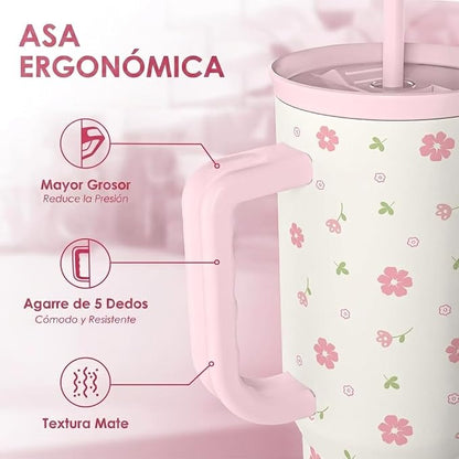 Floral 40oz Tumbler with Handle and Straw – Flowers Insulated Stainless Steel - Image 4