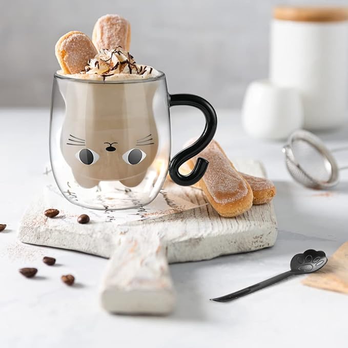 ecooe Cute Cat Mug Glass Coffee Cup 9.8oz Double Walled Glass Mug Cappuccino - Image 4