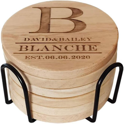 Personalized Monogram Coasters, Custom Engraved - Wooden Drink Coasters, Great Gifts (Set of 6)