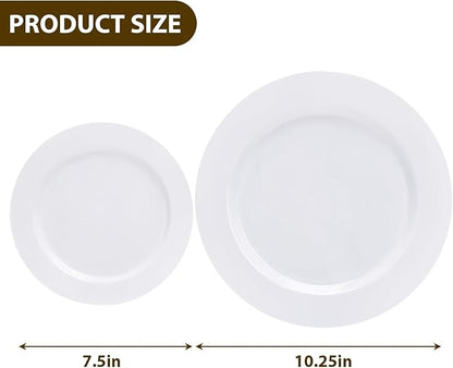 Moretoes 100PCS White Plastic Plates Disposable 10.25inch Dinner Plates and 7.5inch Dessert Salad Plate Heavy Duty Plate for Wedding Party and Birthday
