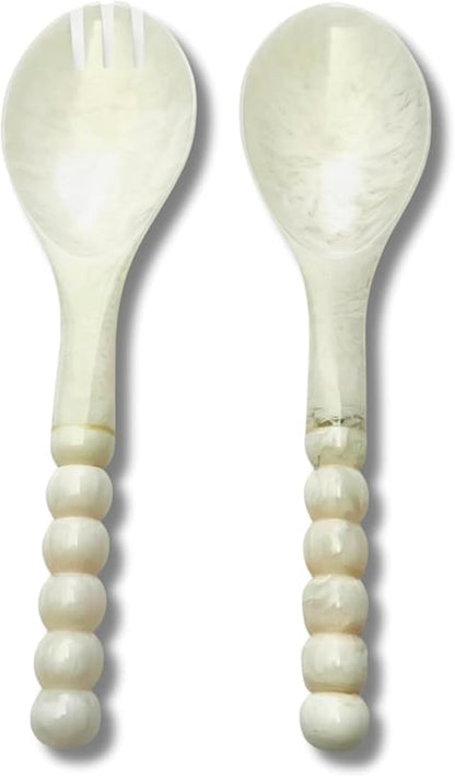 SS CRAFTS INDIA Premium 11" Pearl White Beaded Resin Salad Servers | Set of 2 by SSCraftsIndia