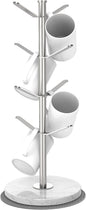 Marble Mug Holder Tree with 8 Hooks, Stainless Steel Coffee Cup Holder, Non-Slip Silicone Pads, Heavy Duty Marble Base, Countertop Organizer for Kitchen & Cafe, Silver