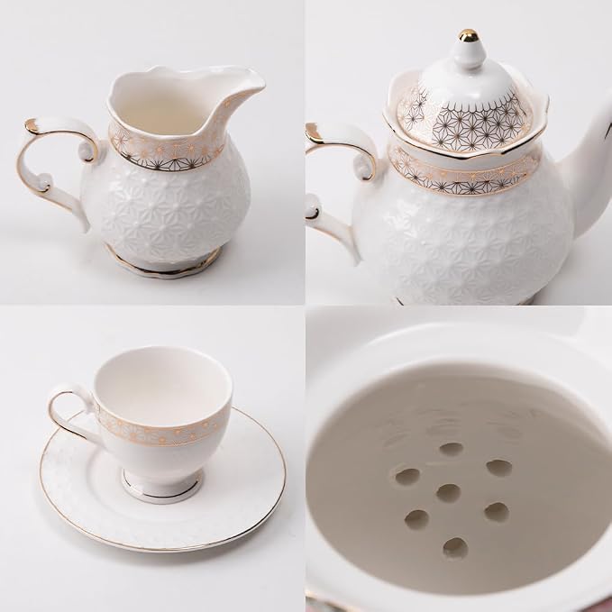 Sweejar 21 Pieces Porcelain Tea Set, Vintage Gold Trimmed Teapot Cup and Saucer - Image 6