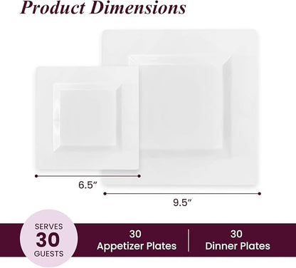 Aya's 60ct Square Plastic Disposable Plates, White - 9.5-Inch 30 Dinner and 6.5-Inch 30 Salad Plates for Party - Heavy-Duty Hard Plastic Design for Wedding, Event, Christmas, and Thanksgiving
