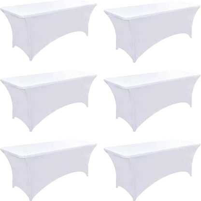 6-Pack 4ft White Spandex Table Covers for Rectangular Folding Tables - Wrinkle Resistant Stretch Tight Table Cloths - Ultimate Fitted Table Protector for Parties, Trade Shows, and Wedding