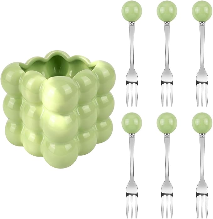 6 Piece Stainless Steel Fruit Fork Set Ceramic Holder Cyan | 304 Reusable by Unknown