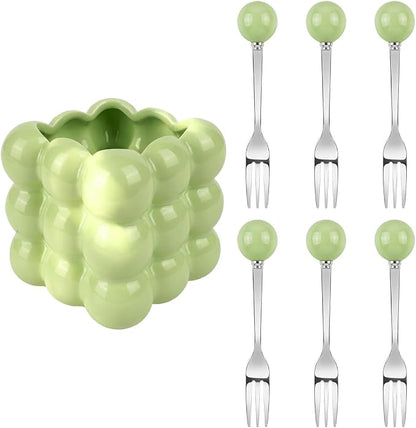 6 Piece Stainless Steel Fruit Fork Set Ceramic Holder Cyan | 304 Reusable by Unknown