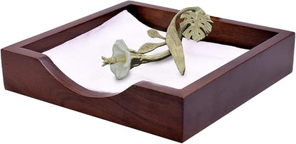 Napkin Holder - Solid Wood Brown Finish Home Decor & Kitchen Decor Table Countertop Serviette & Tissue Holder with Metal Ornament Arm in Silver Gold Finish - Indoor and Outdoor Use - Floral Design