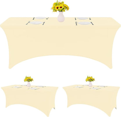 HAISIWLKJ 3 Pack Table Cloth 8ft Beige Tablecloths for Rectangle Folding Table Spandex Fitted Stretch Table Cover Wrinkle Resistant Washable Table Protector for Party, Wedding, Banquet, Festival.
