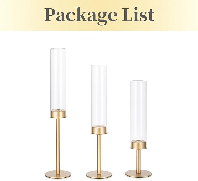 Hewory Gold Candle Holders, 3Pcs Brass Candle Stick Candelabra with Glass Candle Cover for Wedding Table Centerpiece Christmas Decor