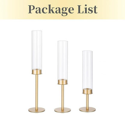 Hewory Gold Candle Holders, 3Pcs Brass Candle Stick Candelabra with Glass Candle Cover for Wedding Table Centerpiece Christmas Decor