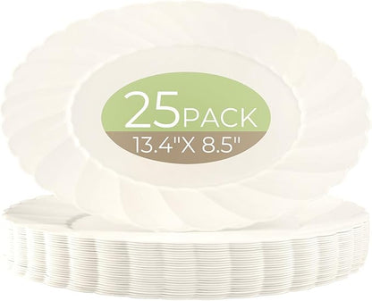U-QE 25 Count Ivory Christmas Plastic Plates - 13.4 inch Oval Plates Disposable Plates Heavy Duty For Big Eaters, Ivory Disposable Platters Ideal for Christmas, Party, Picnic and Weddings