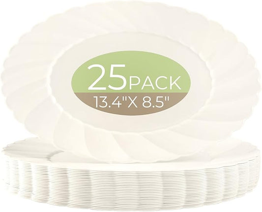 U-QE 25 Count Ivory Christmas Plastic Plates - 13.4 inch Oval Plates Disposable Plates Heavy Duty For Big Eaters, Ivory Disposable Platters Ideal for Christmas, Party, Picnic and Weddings