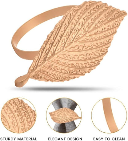 Decozen Set of 16 Gold Napkin Rings in Leaf Design, Festive, Table Decor Setting for Holiday, Wedding, Birthday, Kitchen, Home Decor, Housewarming Gift - Mothers Day Decorations