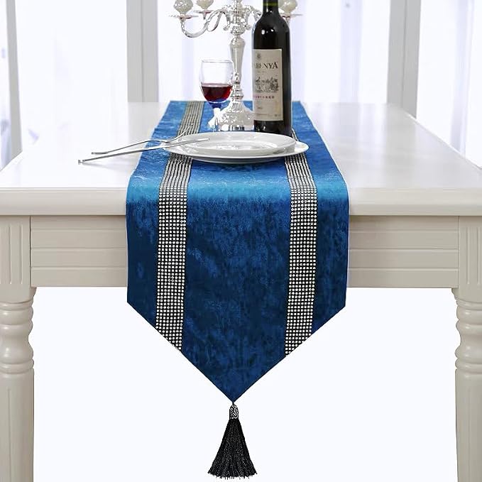 Elegant Blue Table Runner, Ombre Velvet, Diamante Stripes, Double-Layer - Image 4