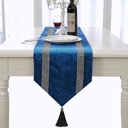 Elegant Blue Table Runner, Ombre Velvet, Diamante Stripes, Double-Layer - Image 4
