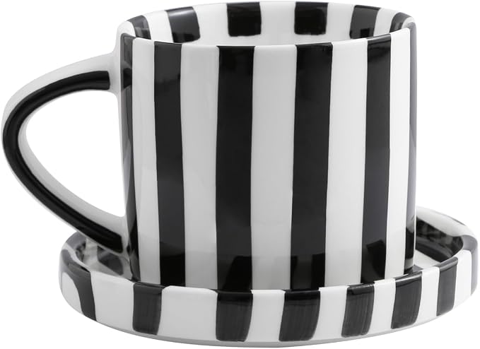 Cup and Saucer Set Hand-Painted Black Stripes, 8 Oz Ceramic Coffee Mug by Unknown