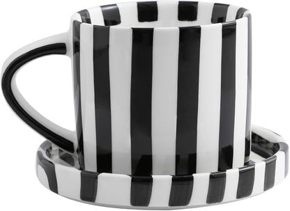Cup and Saucer Set Hand-Painted Black Stripes, 8 Oz Ceramic Coffee Mug by Unknown