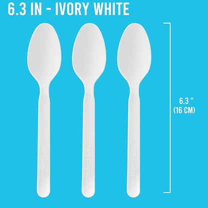 500 Count Compostable Disposable Non Plastic Spoons, Large Heavy Duty Biodegradable Utensils, Eco Friendly Durable Sturdy Recyclable Spoons Flatware Silverware for Party Wedding Daily Use