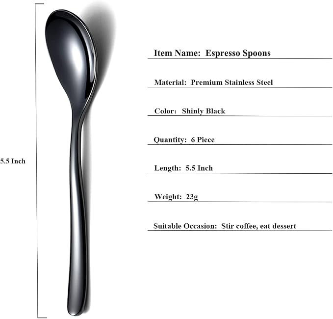 Black Demitasse Espresso Spoons, 5.5'' Mini Coffee Spoons, Stainless Steel - Image 2