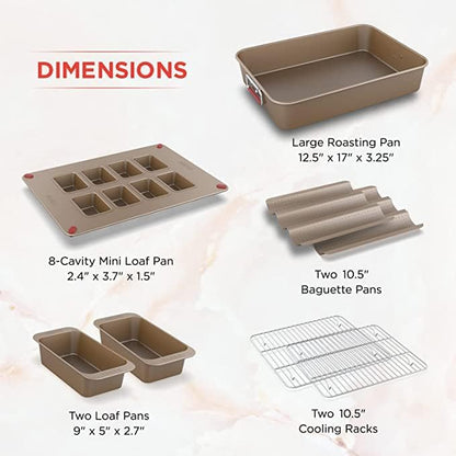 Elbee Home 8-Piece Nonstick Space Saving Bread Baking Pan Set - Includes Large Roasting Pan - Bread Loaf Pan - Baguette Pan - Cooling Rack - 8-Cavity Mini Loaf Pan Aluminized Steel - PFOA & PFOS Free