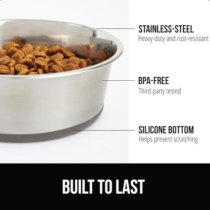 GORILLA GRIP Dog Bowls, Holds 1 Cup Each (8 fl oz), Heavy Duty Stainless Steel Food and Water Bowl for Feeding Dogs and Cats, Dishwasher Safe, Rust Resistant Metal, BPA Free Rubber Base, Set of 2 Gray